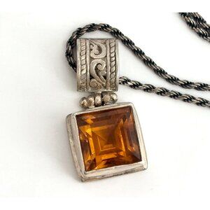 Citrine Accented Scroll Bail Sterling Silver 925 Vintage Pendant Necklace - 20"